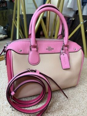 Coach Mini Bennett Satchel Pink Beige Crossbody Colorblock Leather 👛 Authentic 💕